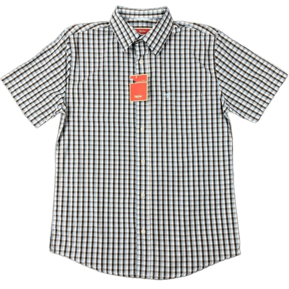 NEW Mossimo Supply Co Men's M Brown Blue Plaid Shirt Short Sleeve Button Up